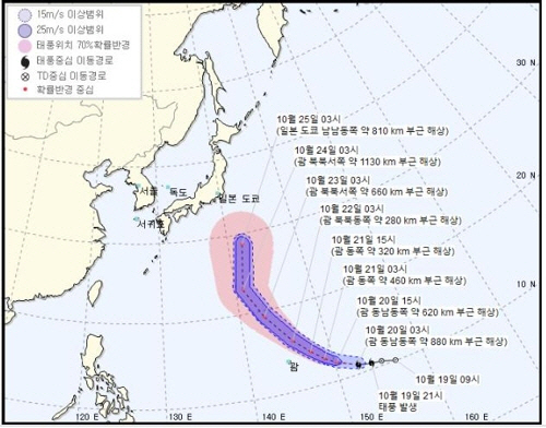 19일 밤 발생한 제21호 태풍 '부알로이' 한국 지나 일본으로 향해