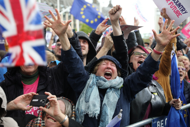 19일(현지시간) 영국 하원이 브렉시트 승인 투표를 연기하자 런던 국회의사당 앞에 모인 브렉시트 반대 시위자들이 환호하고 있다.  /런던=로이터연합뉴스