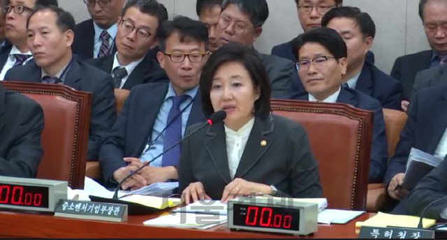 박영선 중소벤처기업부 장관이 21일 국감장에서 의원들의 질의에 답변하고 있다./국회TV 캡쳐