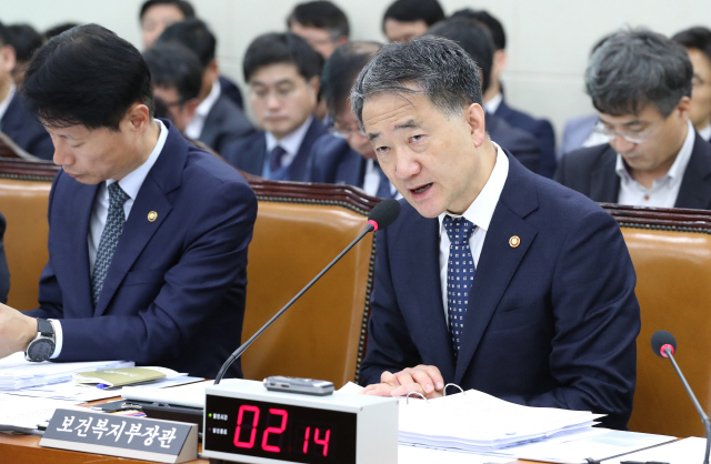 박능후(오른쪽) 보건복지부 장관이 21일 국회에서 열린 국정감사에서 국민연금 개혁방안에 대해 설명하고 있다./연합뉴스