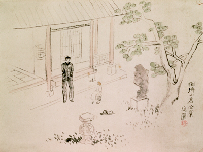 문인화가 근원 김용준이 1944년 그린 ‘수향산방 전경’에는 키 큰 화가 김환기와 수필가 김향안의 모습이 정겹게 등장한다. /사진제공=성북구립미술관
