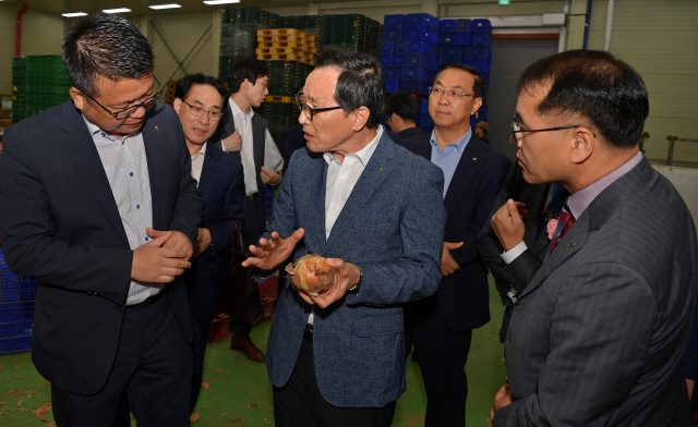 이병호(왼쪽에서 네번째)aT 사장이 지난 9월 경남 함양농협APC에서 양파 수출 진흥방안을 논의하고 있다./사진제공=aT