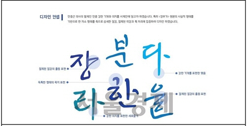 안중근체 한글 디자인 컨셉. 섬세하면서도 기백이 넘치는 글자체가 특징이다.