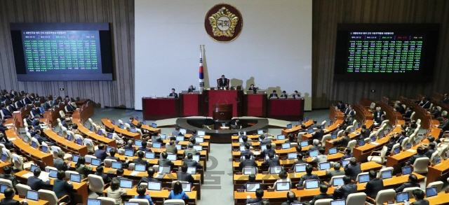 28일 오전 국회 본회의에서 대한민국과 영국 간의 자유무역협정 비준동의안이 재석 의원 233명 가운데 찬성 231명, 기권 2명으로 통과되고 있다./연합뉴스