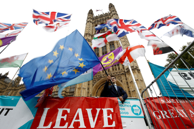 브렉시트에 반대하는 영국 런던 시민이 지난 25일(현지시간) 유럽연합(EU) 기를 들고 있다. /런던=로이터연합뉴스