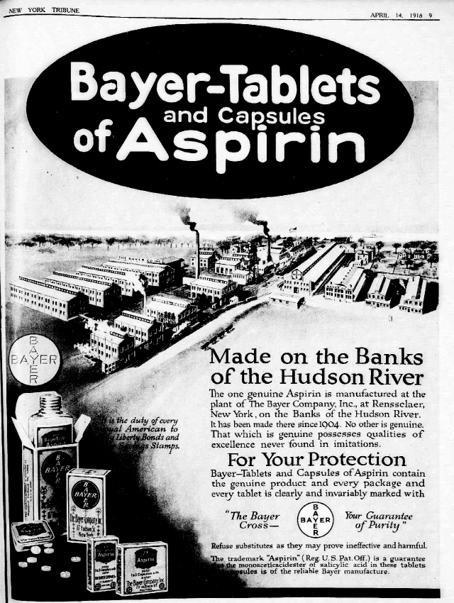 1918년 신문에 난 아스피린 광고. 아스피린은 21세기까지 변하지 않고 살아남은 몇 안되는 19세기 신약 중 하나다. 아스피린을 발견한 것은 유대인 화학자였지만 그가 집단 수용소에 갇힌 동안 나치에 의해 독일인 조수가 발견자로 둔갑하게 됐다.  /사진제공=세종서적