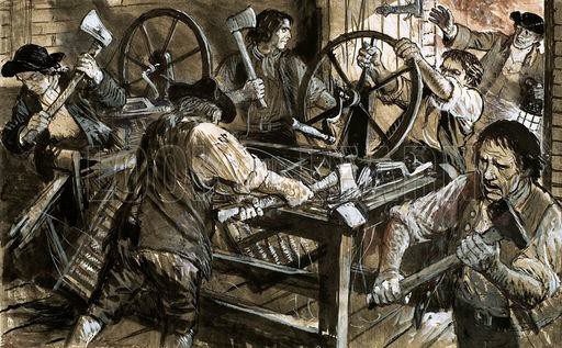 산업혁명 시대에 기계장치의 도입으로 일자리를 잃게 된 숙련공들이 기계를 파괴하는 ‘러다이트’ 운동을 묘사한 그림.