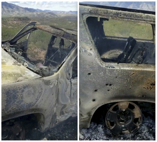 멕시코 마약 카르텔의 총격을 받고 불에 탄 차량/AP연합뉴스