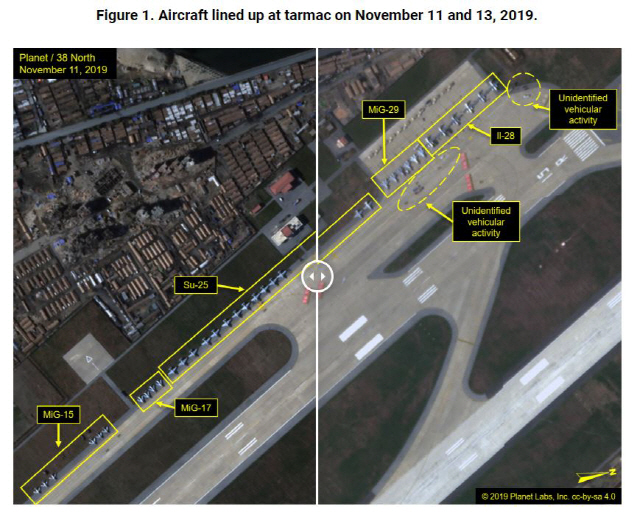 지난 11일과 13일 원산공항에 도열해 있는 북한 항공기를 찍은 상업위성사진./사진=38노스 홈페이지 캡처