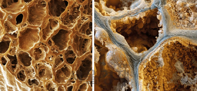 커피원두의 허니컴(honeycomb) 벌집구조(왼쪽)와 커피원두의 미세한 세포방. [사진=한국맥널티]