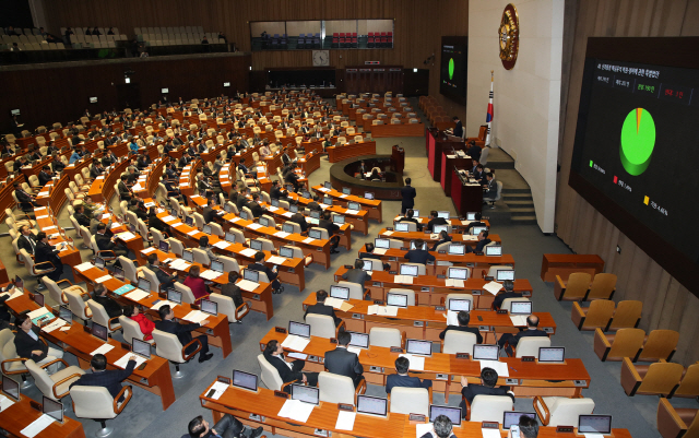 의원들이 19일 오후 열린 제371회 국회 11차 본회의에서 법안들을 처리하고 있다. /연합뉴스