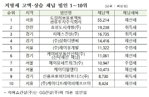 지방세 고액·상습 체납 법인 명단(1~10위). /자료 : 행안부