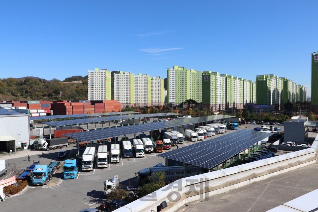 SK내트럭하우스 부산신항사업소에 구축된 태양광 발전 설비. /사진제공=SK에너지