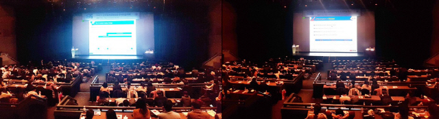 지난 23일 서울 그랜드 워커힐 호텔에서 열린 한국심초음파학회 제47회 추계학술대회에서 연자들이 한미약품 치료제의 효과에 대해 설명하고 있다. /사진제공=한미약품