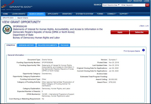 美국무부가 최대 35억원 지원하는 북한인권 개선사업을 공고했다./사진=미국 정부 홈페이지 캡쳐