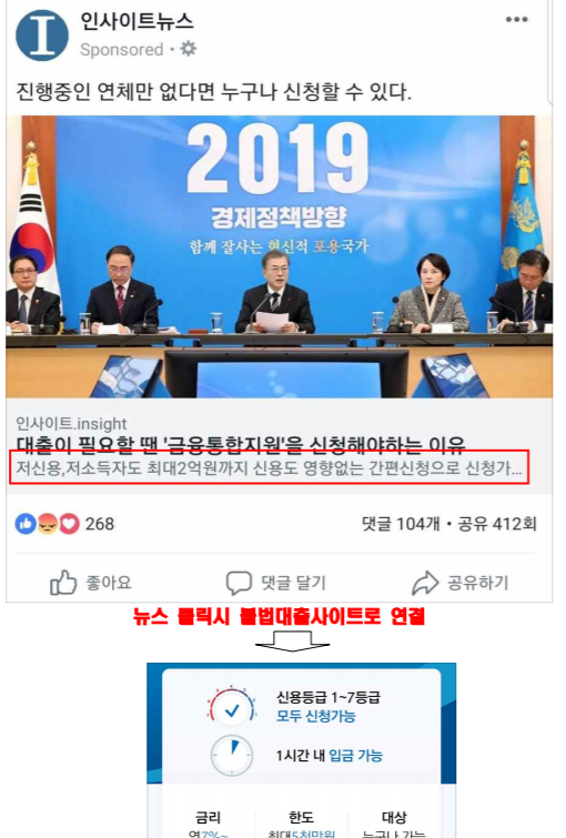 페이스북 형태의 불법 대출 광고. /자료=금감원