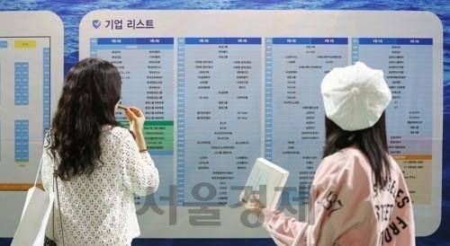 젊은 구직자들이 취업이 가능한 기업 리스트를 살펴보고 있다. /연합뉴스