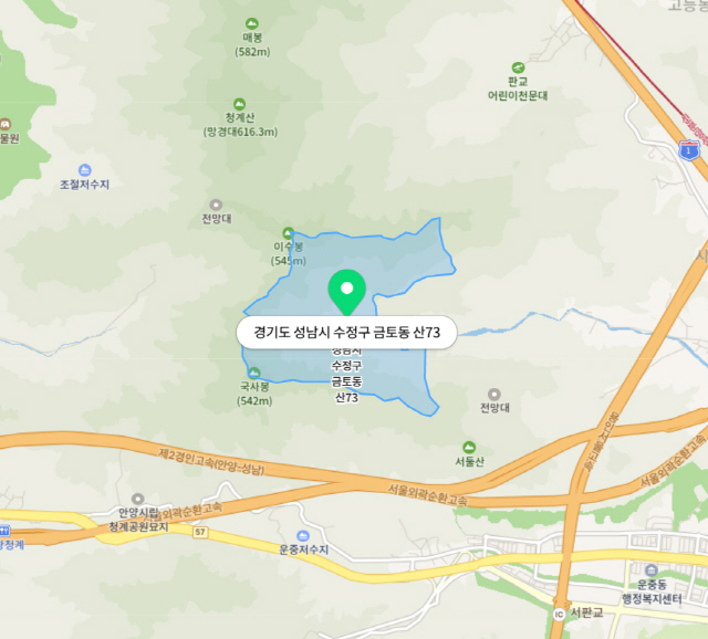 국내 토지 가운데 두 번째로 공유인수(12월12일 기준 4,842명)가 많은 경기 성남시 금토동 산73번지 일대