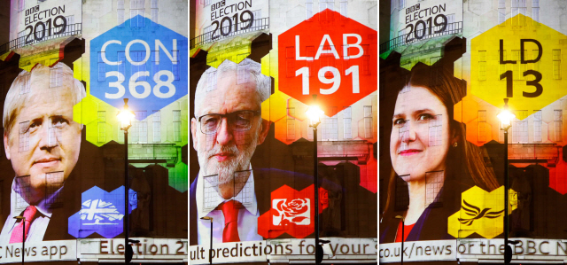 영국에서 총선이 치러진 12일(현지시간) 투표 종료 후 BBC에서 출구조사 결과를 발표하고 있다. /런던=AFP연합뉴스