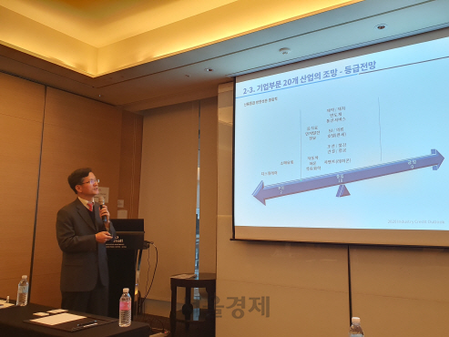 최재헌 한국기업평가 평가기준실 전문위원이 17일 서울 여의도 메리어트호텔에서 열린 ‘2020년 산업전망 세미나’에서 발표를 하고 있다.