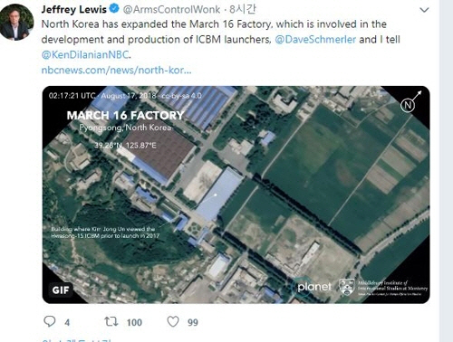 북한이 장거리 미사일 생산과 연관된 공장을 확장한 것으로 추정되는 위성사진./제프리 루이스 소장 트위터 캡처
