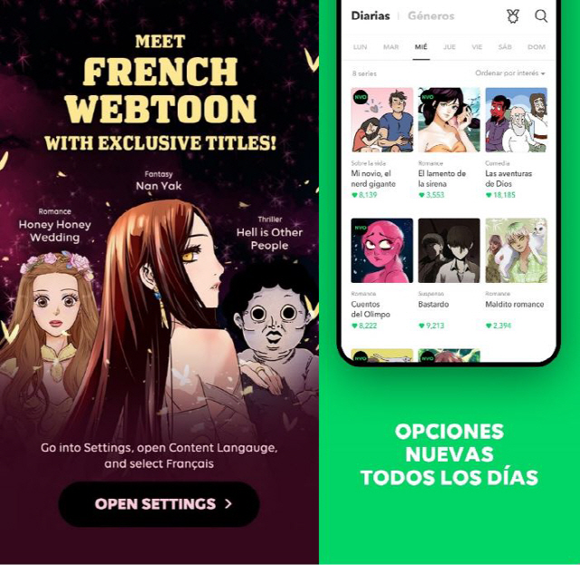 네이버웹툰의 글로벌 서비스 ‘라인웹툰’의 프랑스어 버전(왼쪽)과 스페인어 버전/사진제공=네이버웹툰