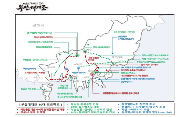 부산시가 23일 부산대개조 분야별 50대 중점추진사업과 10대 핵심프로젝트를 발표했다. 부산대개조 10대 프로젝트./사진제공=부산시