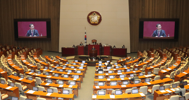 25일 오후 국회 본회의장에서 정유섭 자유한국당 의원이 공직선거법 개정안에 대한 필리버스터를 하고 있다. 여야는 또 다른 패스트트랙 법안인 고위공직자범죄수사처 설치와 검경수사권 조정 등에 대해서도 필리버스터를 이어갈 것으로 전망된다.  /연합뉴스