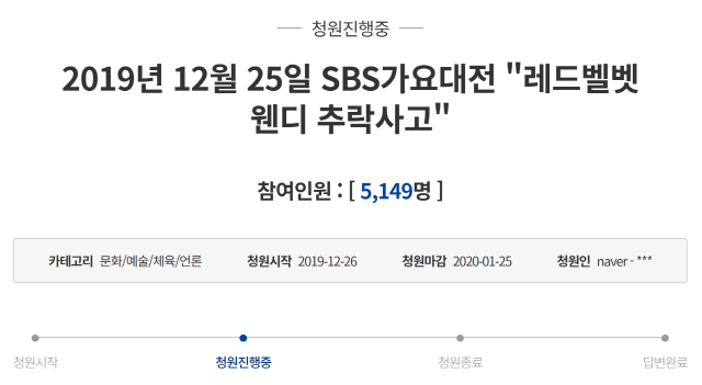 26일 레드벨벳의 공식 팬클럽 ‘레베럽’이 웬디 추락사고와 관련해 청원을 냈다./청와대 국민청원 페이지 캡쳐