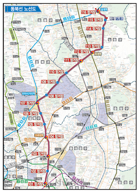 동북선 도시철도 노선도.