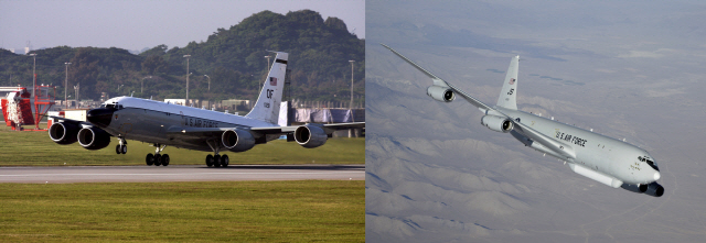 26일(현지시간) 미국이 ‘성탄선물’을 언급한 북한의 도발 가능성에 대비해 상공에 투입한 RC-135S(코브라볼) 정찰기(왼쪽)와 E-8C 조인트 스타즈 /EPA연합뉴스