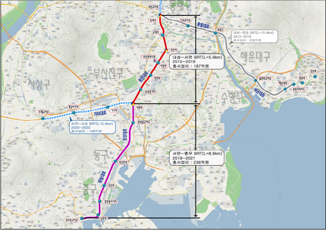 부산 중앙대로 내성~연산~서면 6.6km 구간 BRT가 개통됐다./사진제공=부산시