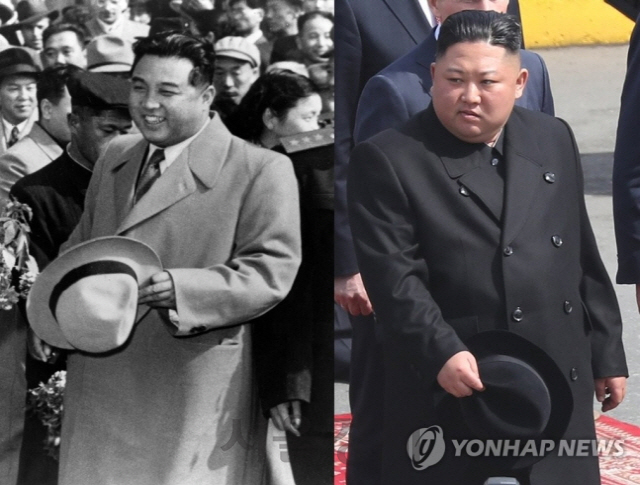 김정은(오른쪽 사진) 북한 국무위원장이 지난 4월 26일 코트와 중절모 차림으로 러시아 블라디보스토크에 도착했다. 사진 왼쪽은 집권 초기 김일성 주석.