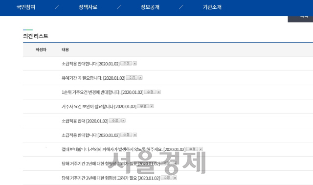 국토부 홈페이지에 유예가 필요하다는 의견을 개진한 시민들/캡처=국토교통부 홈페이지