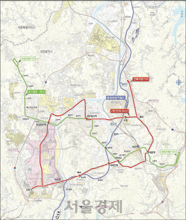 대전시가 대도시권광역교통위원회에 승인신청한 ‘대전도시철도 2호선 기본계획변경(안)’의 2호선 노선도. 사진제공=대전시
