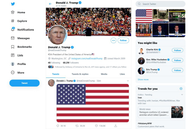 2일(현지시간) 이란 군부 실세인 거셈 솔레이마니 쿠드스(이란혁명수비대 정예군) 사령관의 사망이 발표된 뒤 아무런 설명 없이 성조기 이미지만을 띄워 놓은 도널드 트럼프 미국 대통령의 트위터 캡처. /연합뉴스
