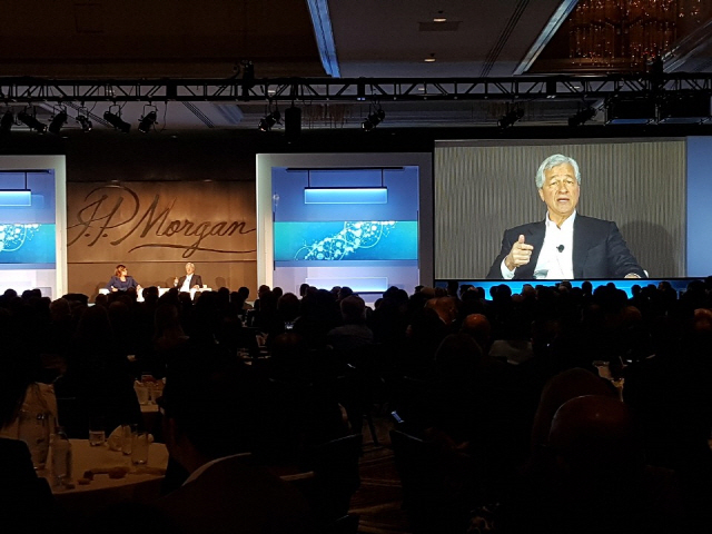 제이미 다이먼 JP모건 CEO가 13일(현지시간) 미국 샌프란시스코에서 열린 JP모건 헬스케어 컨퍼런스에서 기조연설을 진행했다.