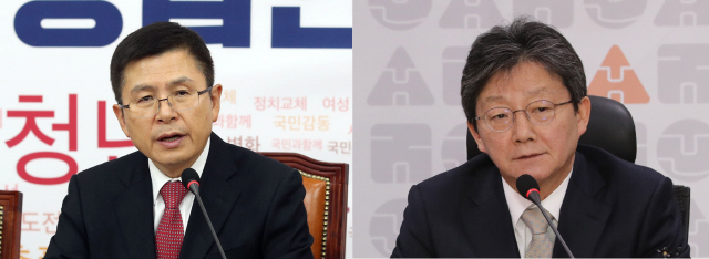 황교안(왼쪽) 한국당 대표와 유승민(오른쪽) 새보수당 보수재건위원장./연합뉴스