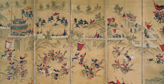 조선 후기에 제작된 ‘평양성 전투도’ 중 일부. 조선과 명나라 연합군이 1593년 1월 일본에 빼앗겼던 평양성을 탈환하는 모습을 담고 있다. /사진제공=국립진주박물관