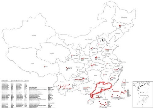코로나바이러스(CoV) 숙주인 박쥐의 중국 내 분포도. 빨간색은 CoV 양성이 보고된 박쥐가 있는 지역이고, SARS와 SADS가 시작된 광둥성은 빨간색 원으로 표시됐다. /사진=국제학술지 ‘Viruses’ 논문 발췌