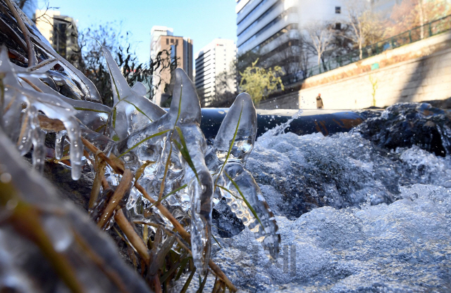서울 아침 기온이 -10.1℃ 까지 떨어지는 등 올 겨울 들어 가장 추운 날씨를 보인 지난해 12월 6일 오전 서울 청계천에 얼음이 얼어 있다./오승현기자