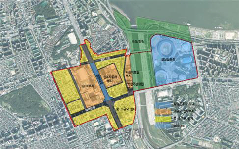 서울시가 2025년 완공을 목표로 추진 중인 강남구 삼성동과 송파구 잠실동 일대의 국제교류복합지구(SID) 구획도./자료제공=봉은사