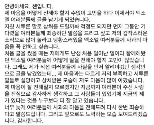 19일 첸이 엑소 공식 팬 커뮤니티에 올린 사과문 / 사진=Lysn