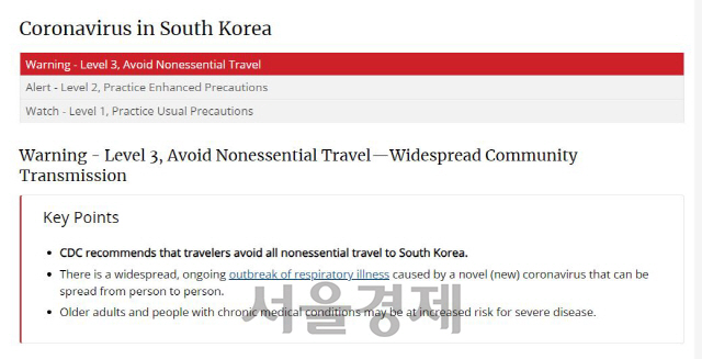 [속보] 美 CDC, 한국 여행경보 '최고등급' 3단계로 높여