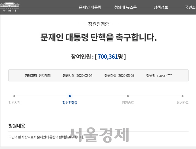 '文 탄핵' 국민청원 70만명 돌파