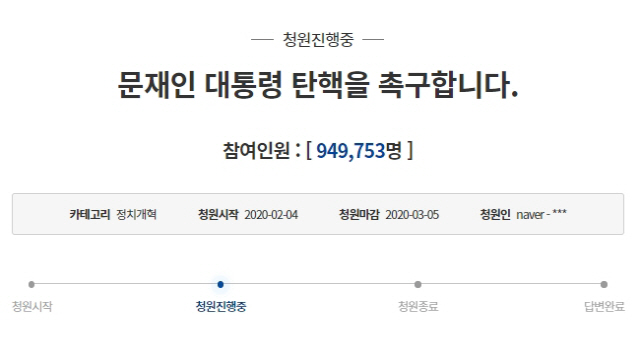 코로나19 대응에 '문재인 대통령 탄핵하라' 청원 100만 돌파 초읽기