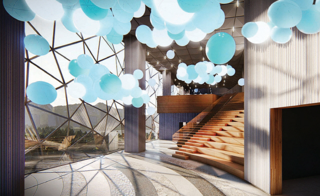 갤러리아 광교 3층의 계단형 광장을 가득 메우고 있는 구름 설치 미술. /사진제공=한화갤러리아