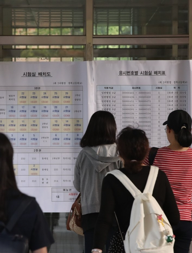 9급 공채 응시자들이 고사장을 확인하고 있다. /사진=연합뉴스