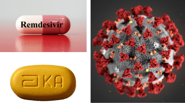 국내 6개 의료기관에서 코로나19 환자를 대상으로 임상시험에 들어간 길리어드사이언스의 ‘렘데시비르’(왼쪽 위부터 시계 방향으로), 코로나19 바이러스 모형, 코로나19 치료에 쓰이고 있는 애브비의 에이즈 치료제 ‘칼레트라’.