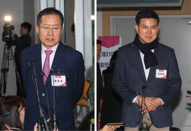 홍준표(왼쪽) 전 자유한국당 대표와 김태호 전 경남도지사. /연합뉴스